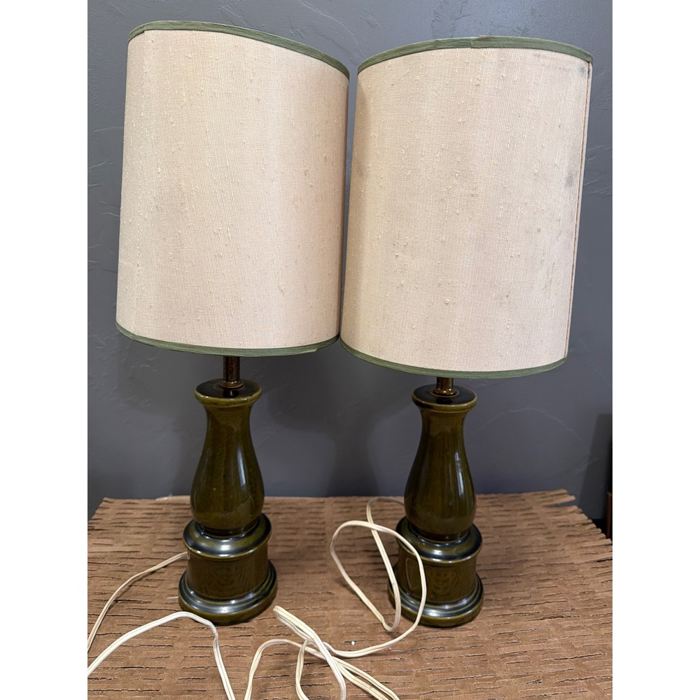 Vintage Mid Century Olive Green Ceramic Table Lamps Pair with Cream Shades 21in